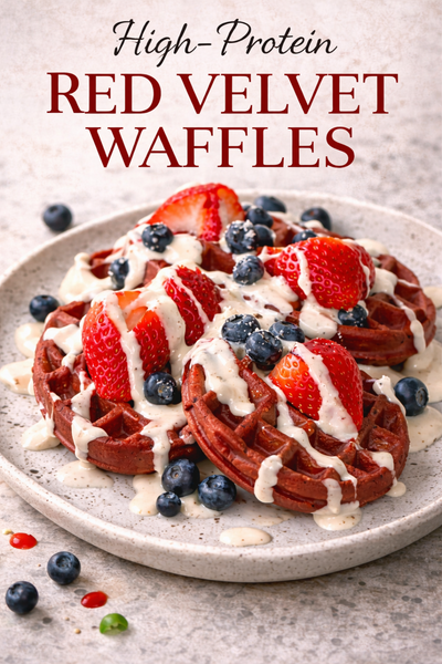 Red velvet waffles with cream cheese topping - high-protein breakfast recipe by LockInWithMili