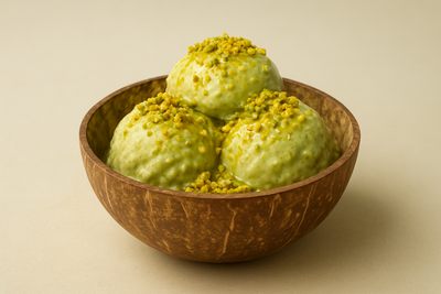 High-protein pistachio ice cream in a bowl - healthy frozen dessert recipe by LockInWithMili