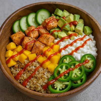 Crispy rice salmon bowl with fresh vegetables and sriracha drizzle - high protein recipe by LockInWithMili