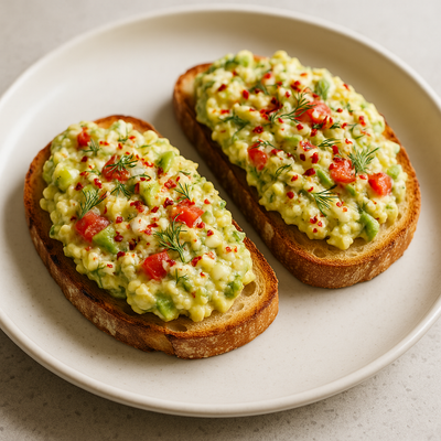 Spicy mashed egg and avocado toast on sourdough - high-protein breakfast recipe by LockInWithMili
