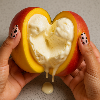 Mango protein ice cream in a bowl - tropical healthy frozen dessert recipe by LockInWithMili