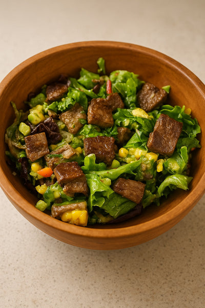 Mango steak salad with grilled steak slices and fresh mango - high-protein meal recipe by LockInWithMili