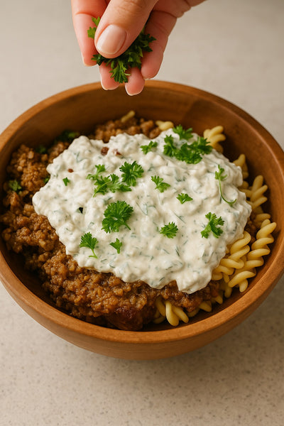 High-protein Turkish pasta with seasoned meat and vegetables - macro-friendly meal recipe by LockInWithMili