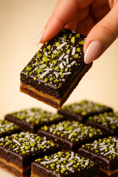 Snickers date bark with chocolate, peanuts and caramel - healthy snack recipe by LockInWithMili