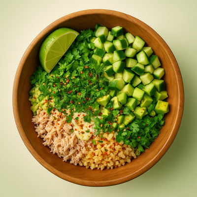 Viral tuna bowl with rice, vegetables and spicy mayo - high-protein meal recipe by LockInWithMili