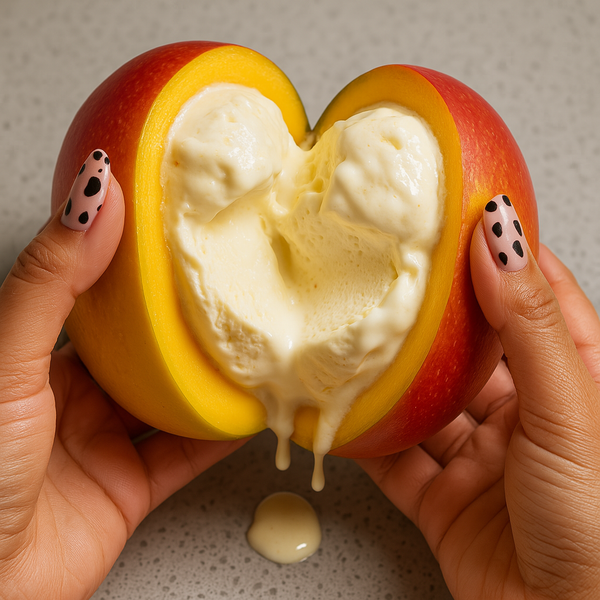 Mango protein ice cream in a bowl - tropical healthy frozen dessert recipe by LockInWithMili